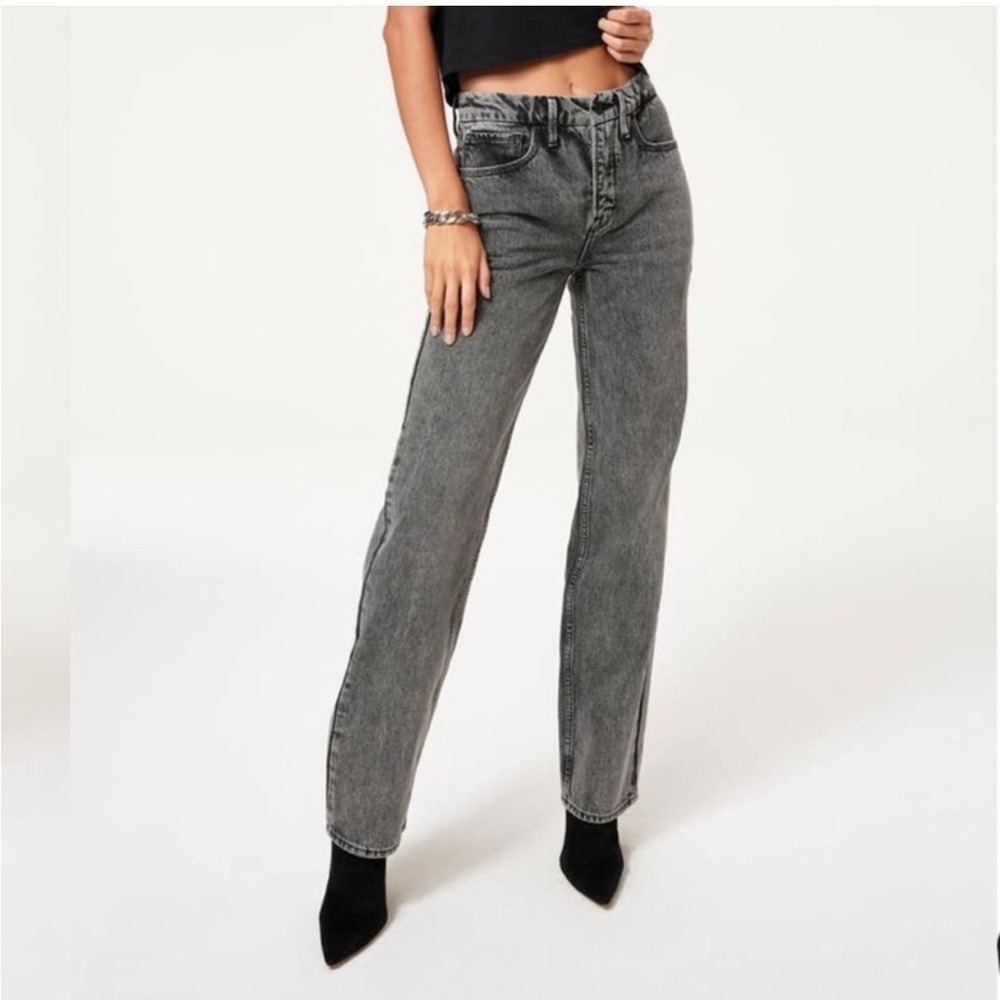 Good American Good Icon Loose Fit Straight Leg Jeans Gray Black High Waisted NEW